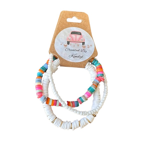 Stacked Colorful Beaded White and Gold Bracelets- Set of 3 - Picture 2 of 3